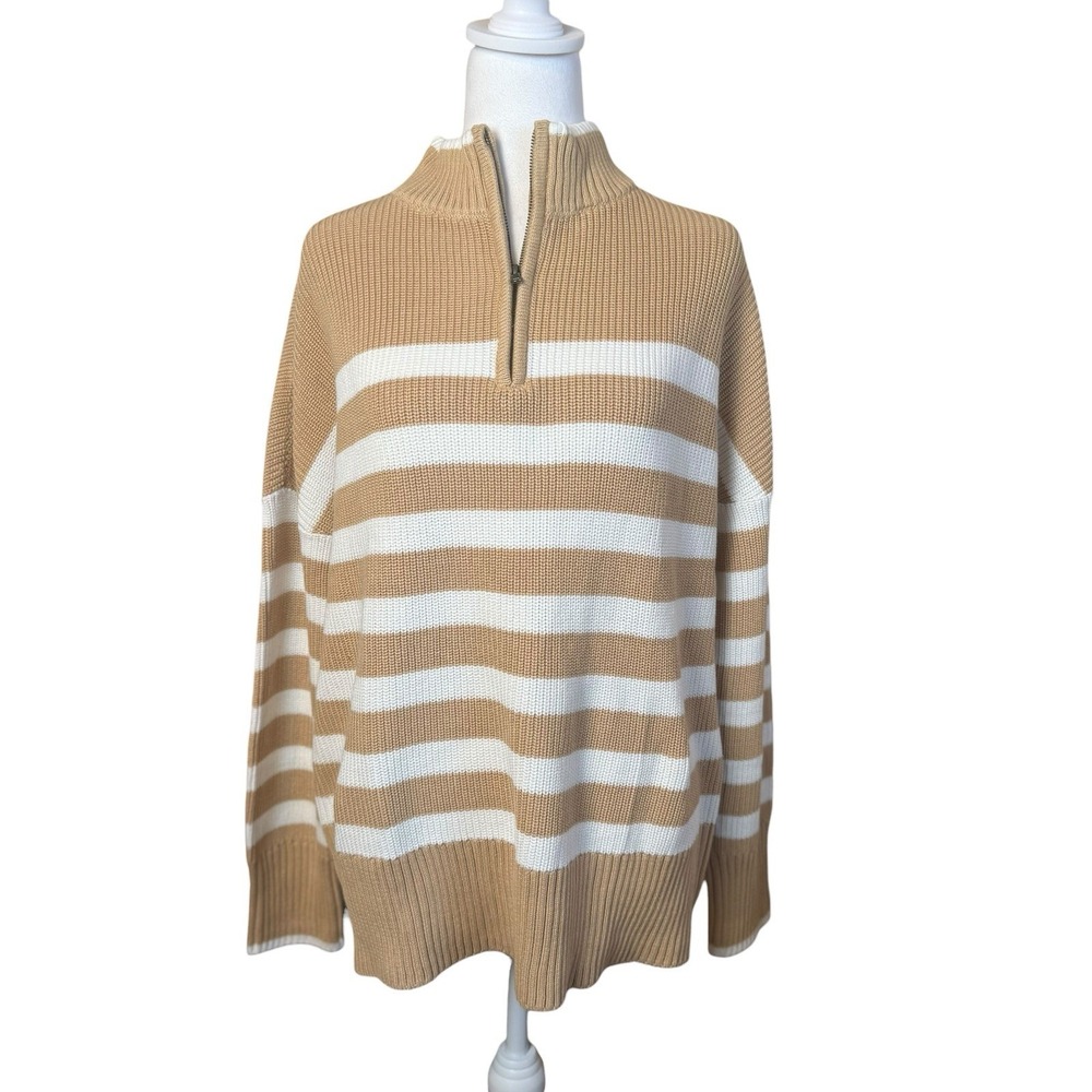 Lands' End Women's Quarter Zip Sweater Soft Sand Stripe Size Large Neutral NWT